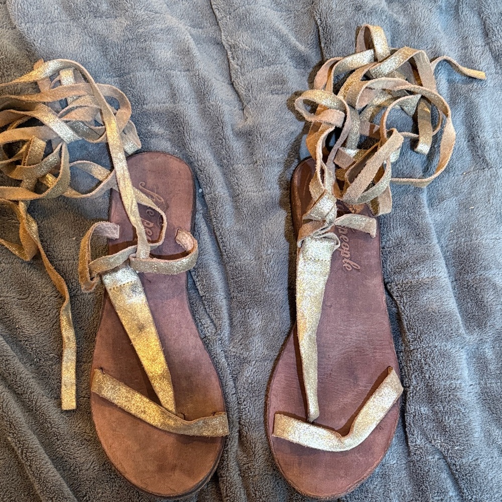 Free people Women's Lace-Up Sandals in Gold and Brown, size 8.5.